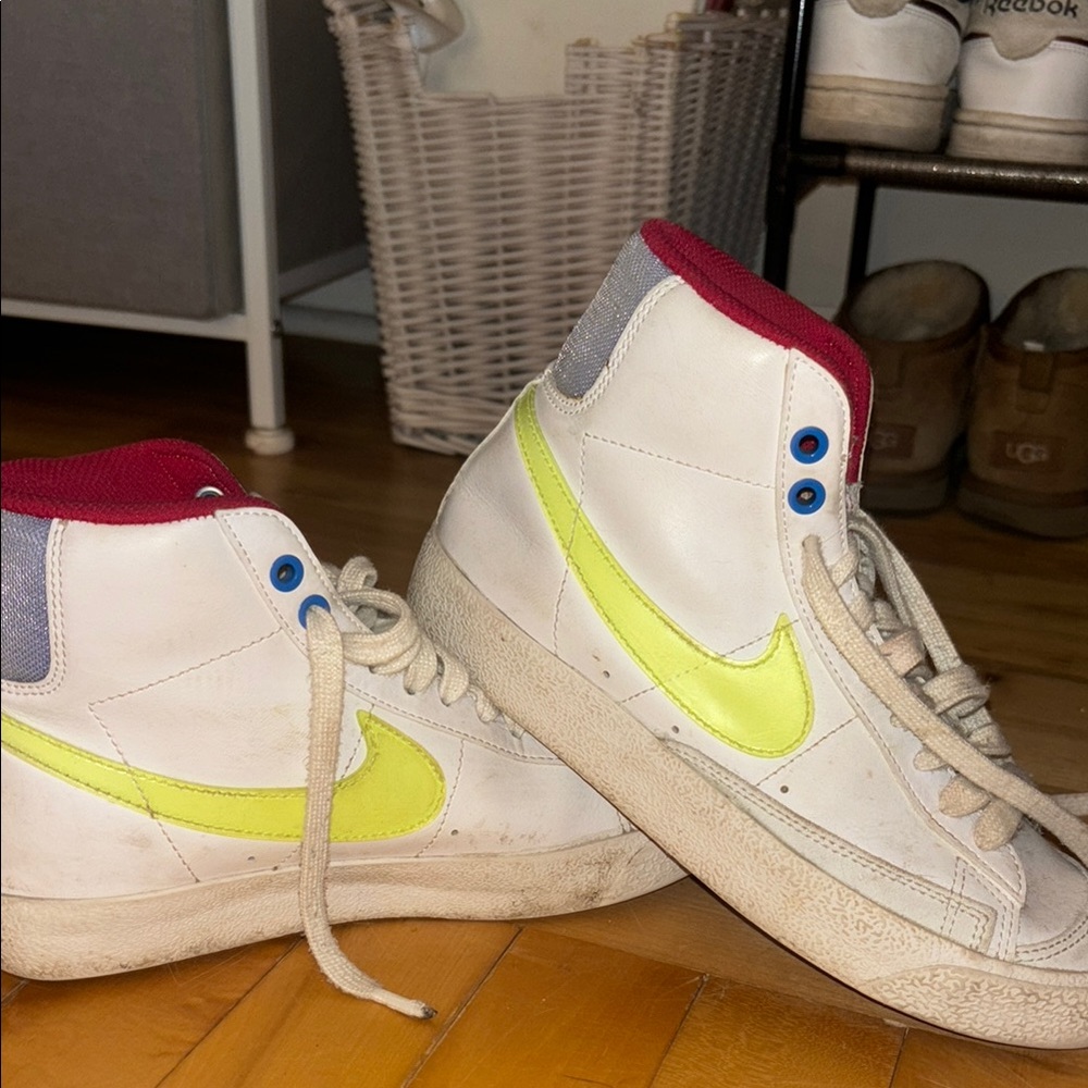 Nike White High-Tops with Yellow Swoosh and Red Trim